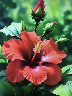Close-up of a large red hibiscus flower with green leaves and buds in soft-focus background