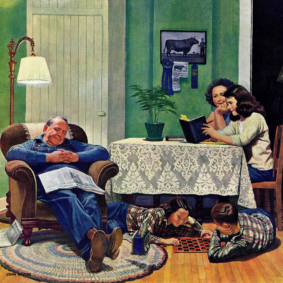 Family relaxing in cozy living room, father reading, mother on phone, children playing checkers on floor