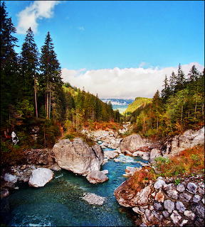 Turquoise mountain river flowing through rocky canyon with evergreen trees and snowy peaks in background