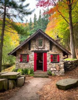 Small stone cabin with red shutters and door surrounded by colorful autumn trees