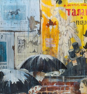 Painting of people under umbrellas passing rain-soaked street posters and billboards