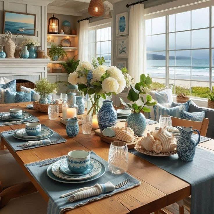 Coastal dining room with ocean view, wooden table set with blue dishes and white flowers