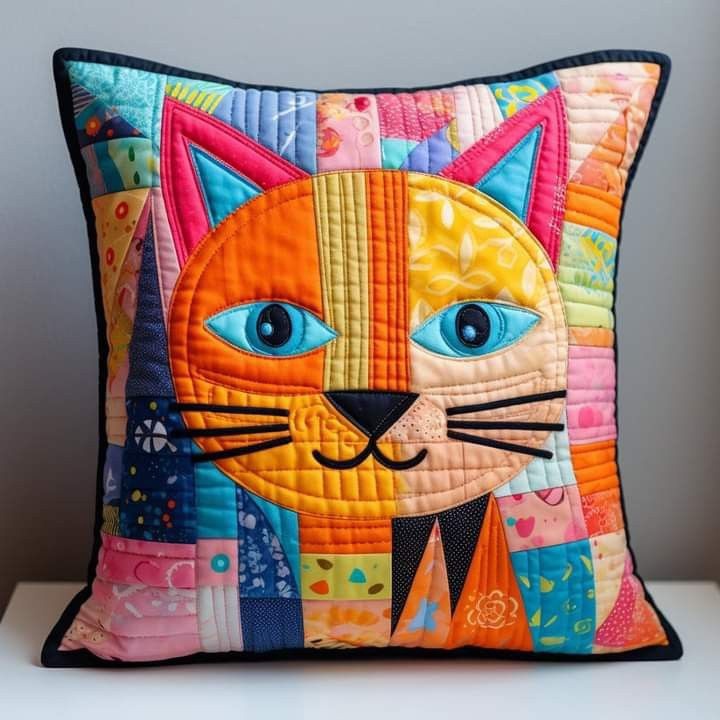 Decorative throw pillow with patchwork cat face design in bright colors with blue eyes and black whiskers