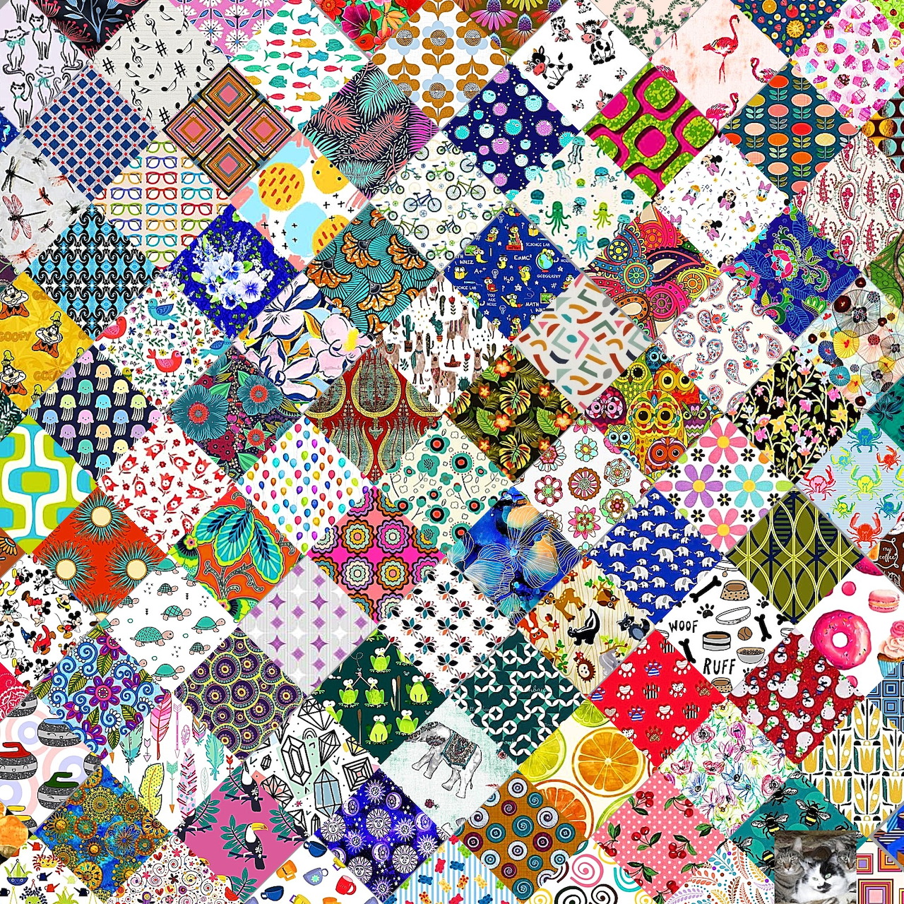 Colorful patchwork quilt pattern with diverse geometric, floral, and abstract designs arranged in diamond-shaped tiles