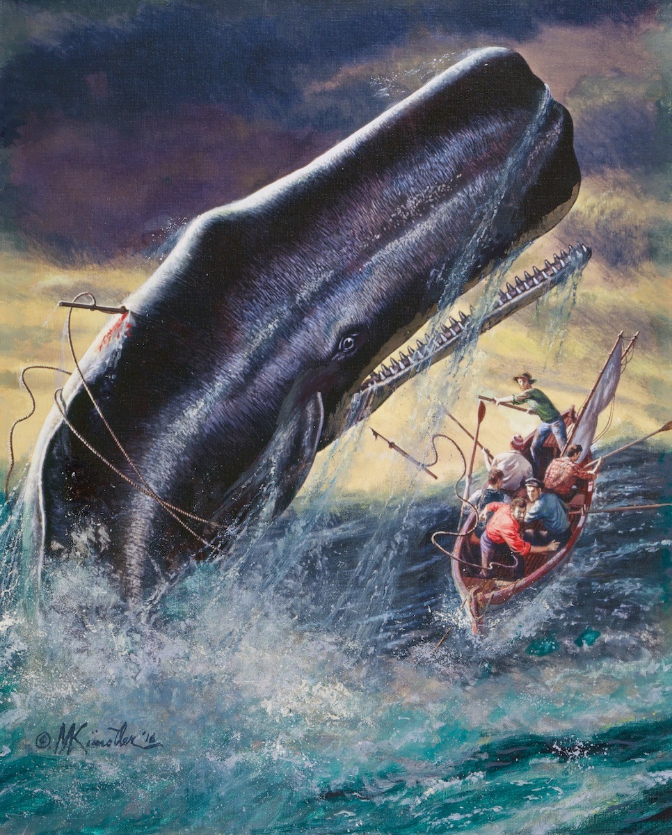 Painting of a huge whale breaching beside a small boat in rough seas
