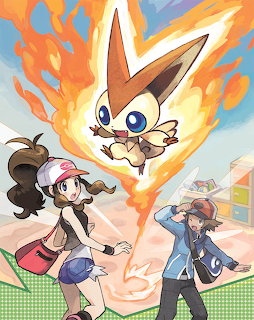 Victini Pokemon with flaming wings hovering above two trainers in battle stance
