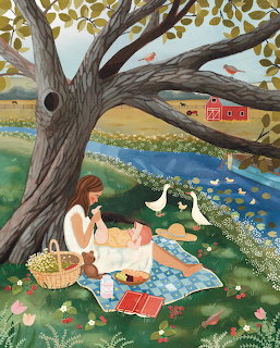 Mother in white dress holding baby under tree in folk art style with pastoral landscape and barn