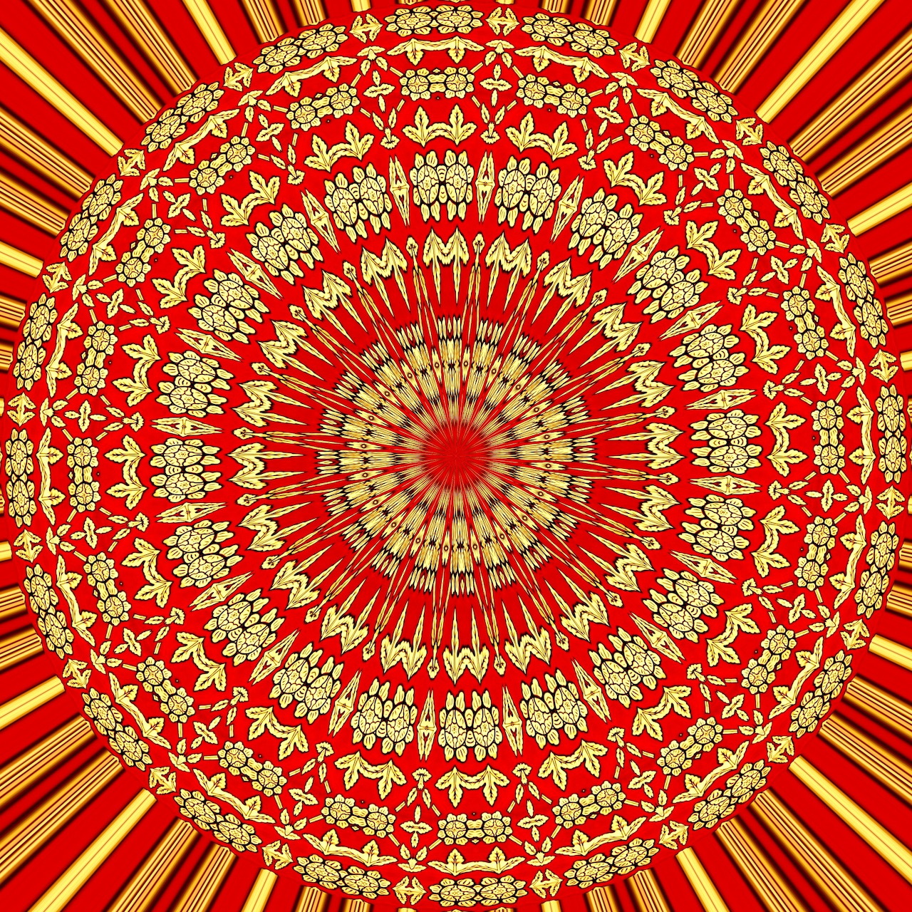 Ornate red and gold mandala with symmetrical geometric patterns radiating from center on striped background