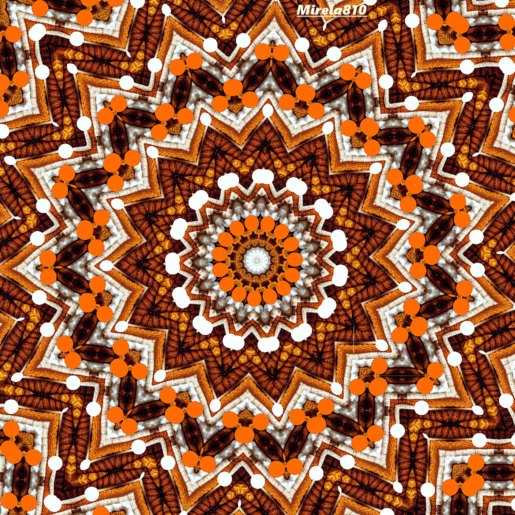 Circular mandala pattern with orange, brown, and white geometric shapes radiating from center