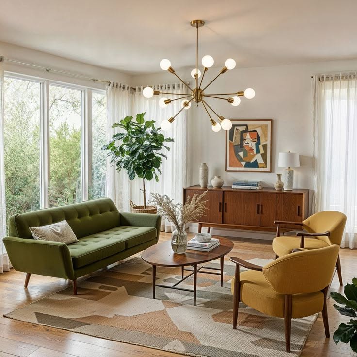 Mid-century modern living room with green sofa, yellow chairs, wood sideboard, and large windows