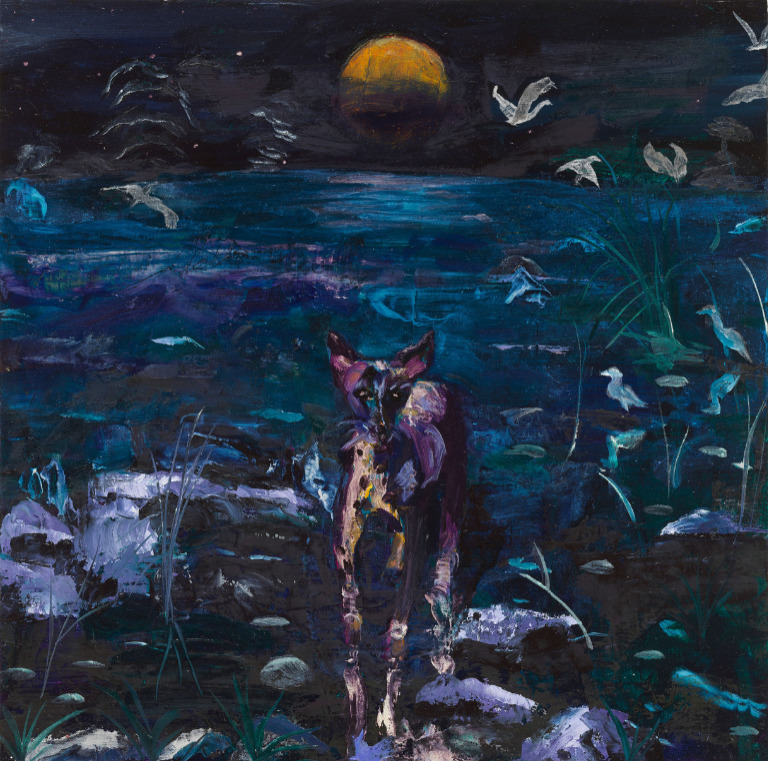 Dark painting of a lone canine in a blue marsh at night with an orange moon and white birds