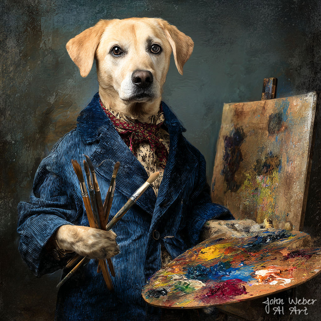Golden Labrador in blue artist smock holding paintbrushes and palette next to an easel