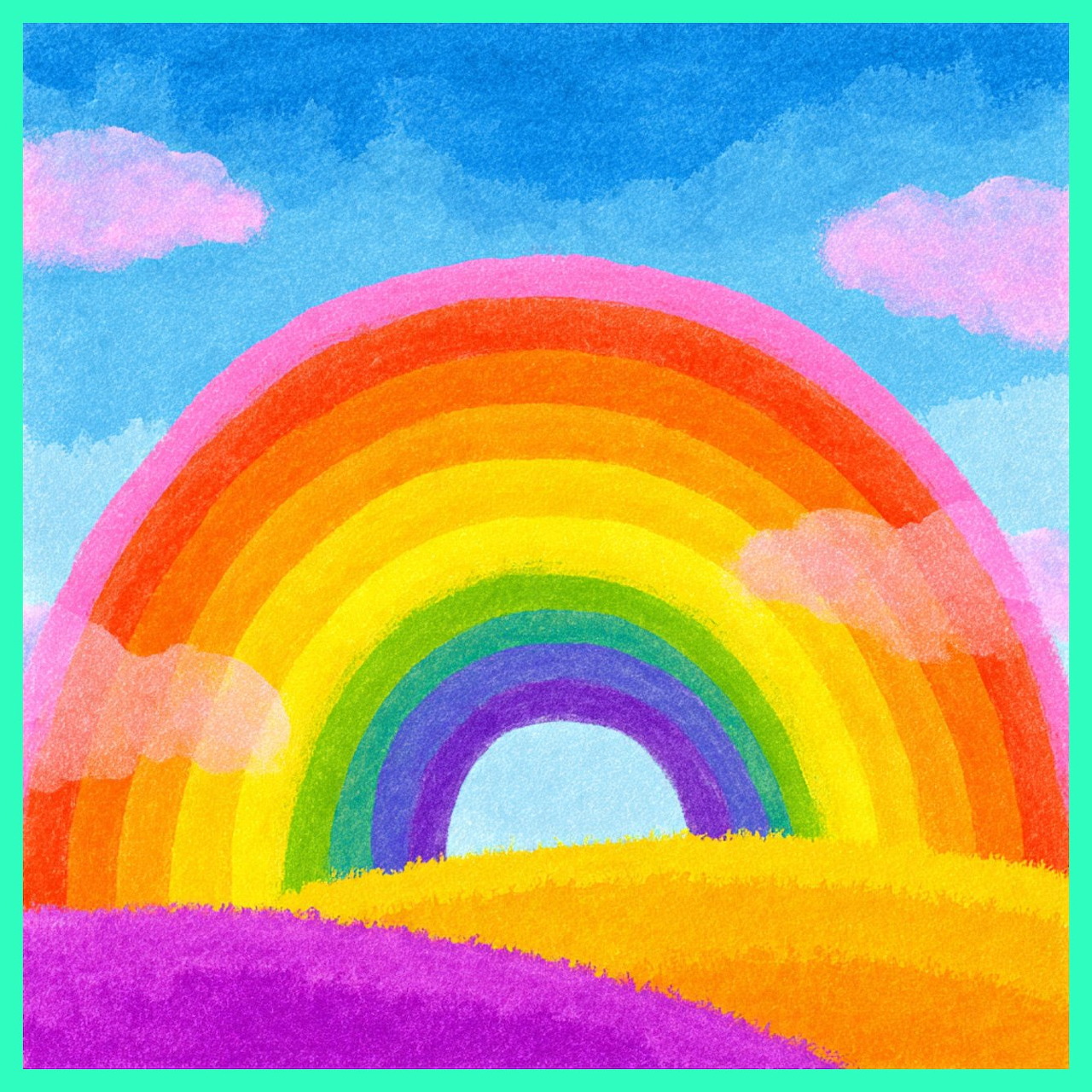 Colorful rainbow over vibrant rolling hills with blue sky and pink clouds