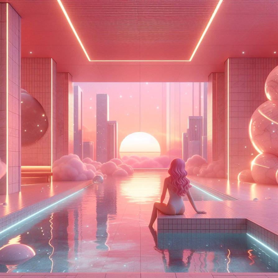 Illustrated woman sitting by a futuristic indoor pool at pink sunset with a city skyline beyond