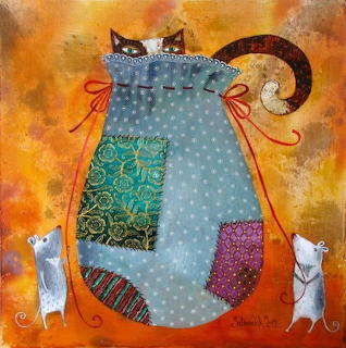 Colorful patchwork cat illustration with polka dots and patterns, two white mice on orange background
