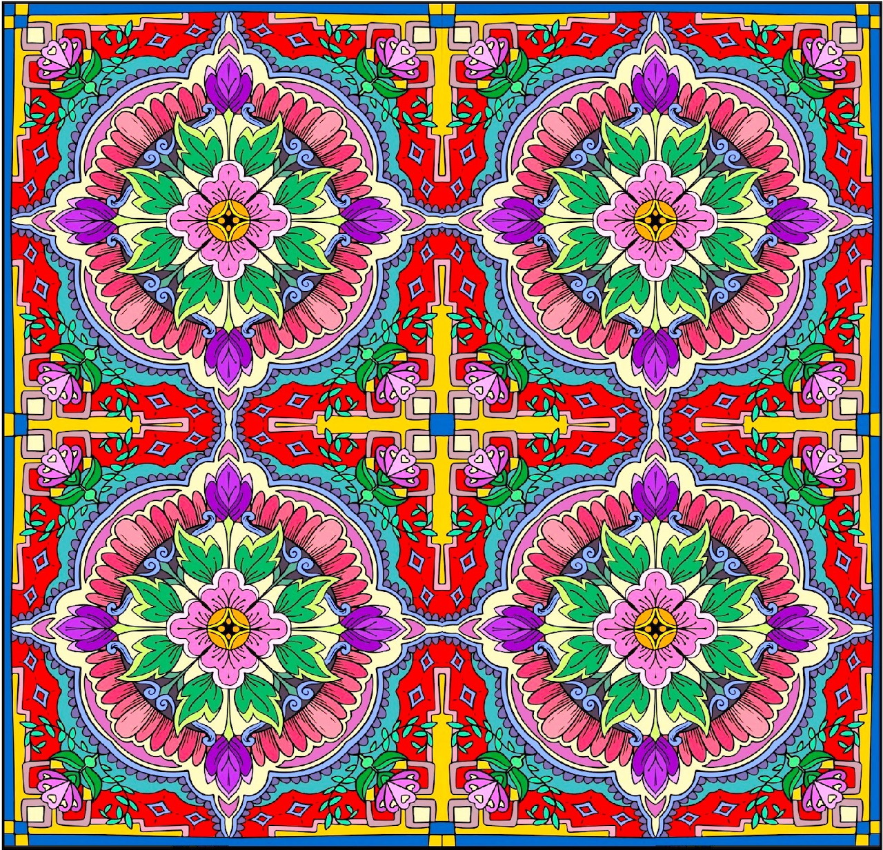 Colorful symmetrical mandala with four circular patterns in vibrant pink, purple, green, and yellow geometric designs