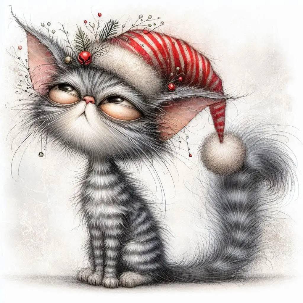 Illustrated fluffy cat wearing a red striped Santa hat with holly decoration