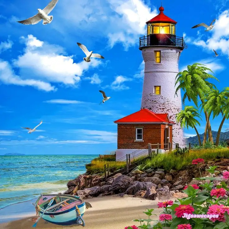 White lighthouse by the ocean with palm trees, seabirds, flowers, and a small boat on the sandy shore
