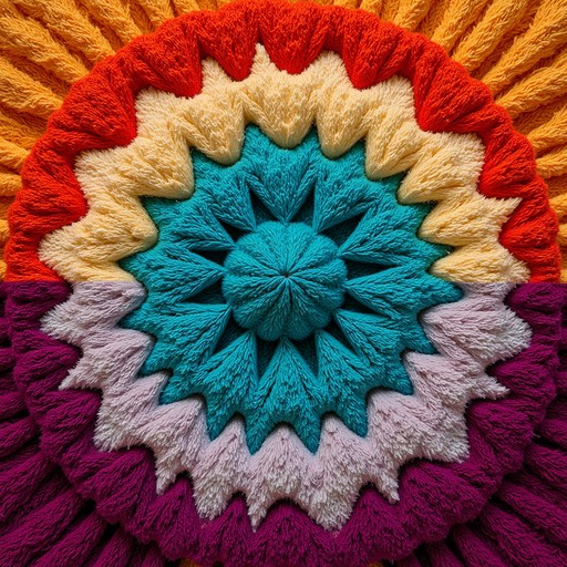 Colorful crocheted mandala with turquoise center, cream, orange, red rings and purple border in radiating star pattern