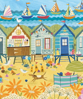 Colorful illustration of beach huts with sailboats on ocean waves and sandy beach with flowers and seashells