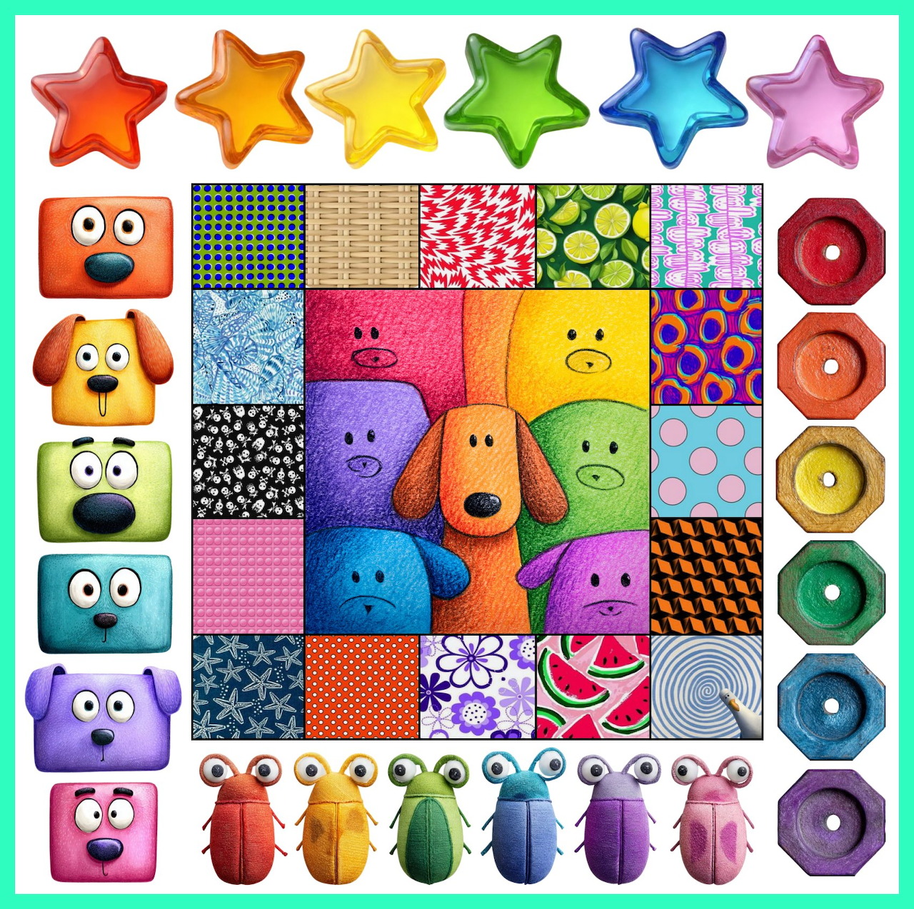 Grid collage of colorful cartoon dogs with stars, beetles, and patterned squares in rainbow arrangement