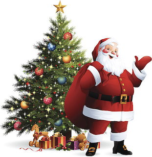 Santa Claus waving next to decorated Christmas tree with gifts