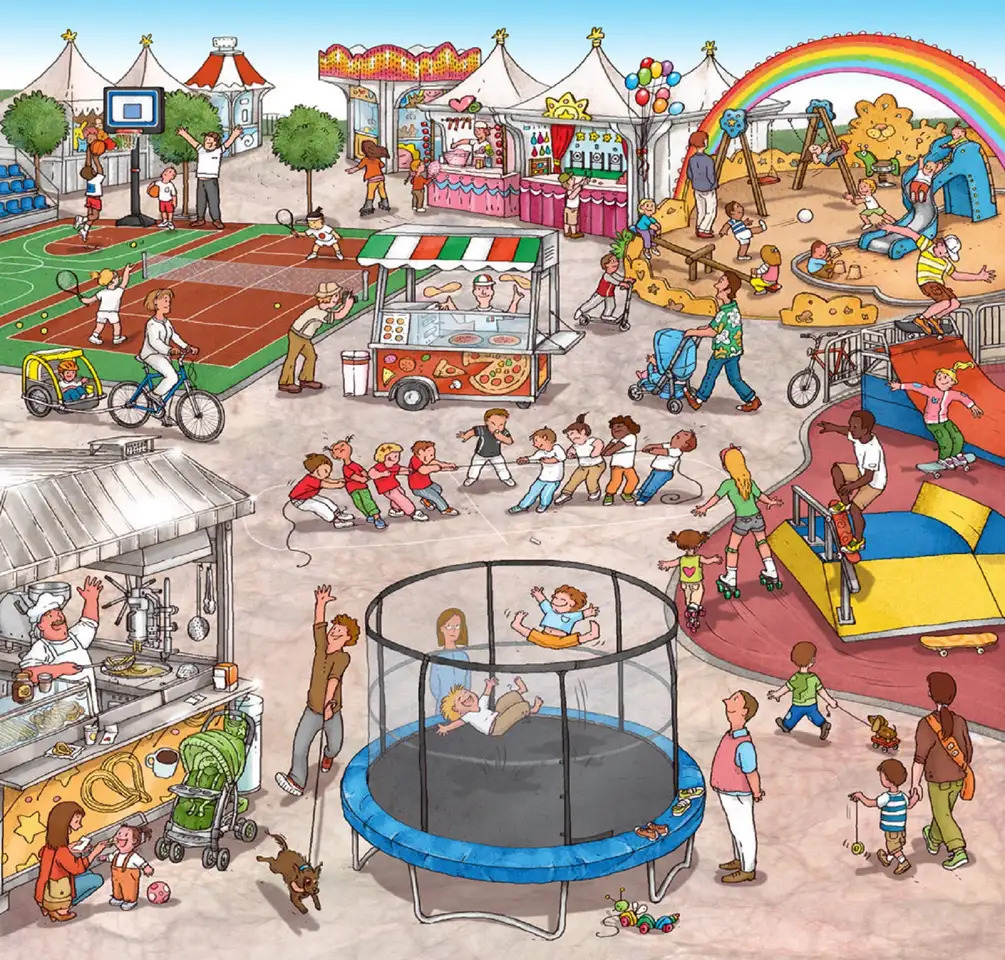 Cartoon playground scene with many children playing on various equipment, trampolines, and carnival attractions