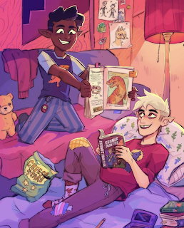 Cartoon illustration of two boys on a bed reading books in a cozy bedroom