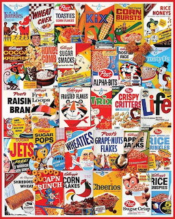 Grid collage of vintage cereal box designs and logos from various classic breakfast brands