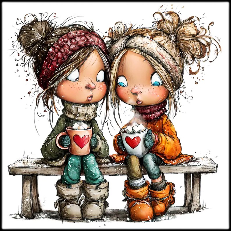 Illustration of two cute girls on a bench holding mugs of hot cocoa in winter outfits
