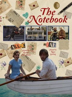 The Notebook movie poster showing romantic scenes and couple in boat with vintage scrapbook elements