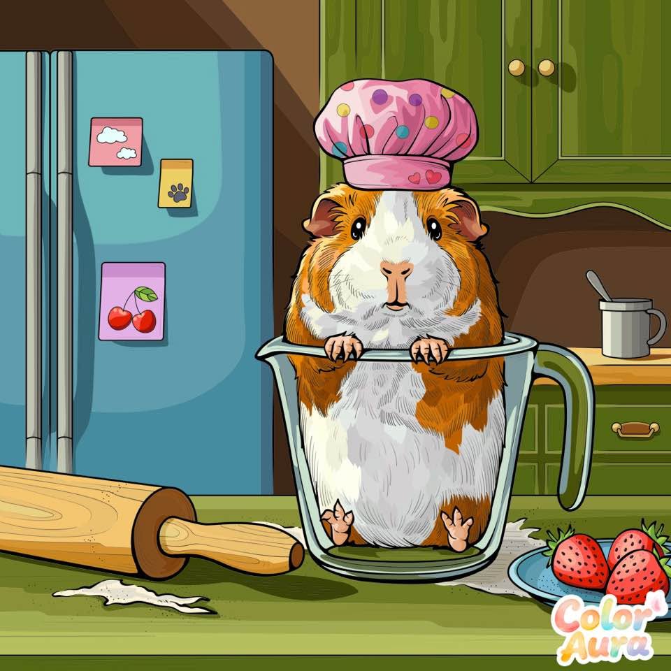 Cartoon guinea pig sitting in a glass measuring cup on a kitchen counter with strawberries nearby