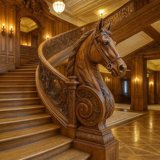 Carved horse head on an ornate wooden staircase inside a grand hall