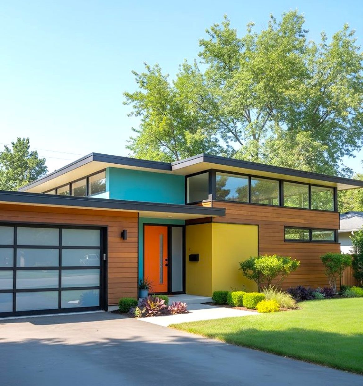 Midcentury modern house with colorful geometric facade, turquoise roof accent, and wood siding in sunny yard