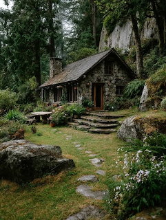 Rustic stone cabin in a misty forest with moss-covered rocks and stone pathway