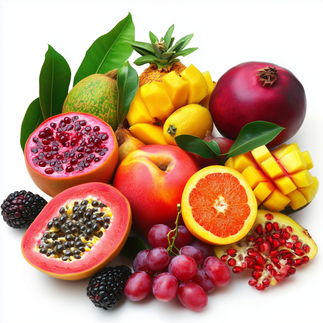 Vibrant display of tropical fruits with papaya, mango, pineapple, pomegranate, orange, grapes and blackberries