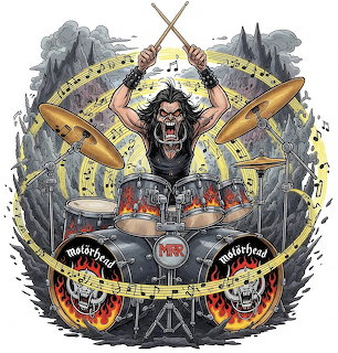 Illustrated gorilla aggressively drumming on a drum kit with flames and crossed drumsticks in background