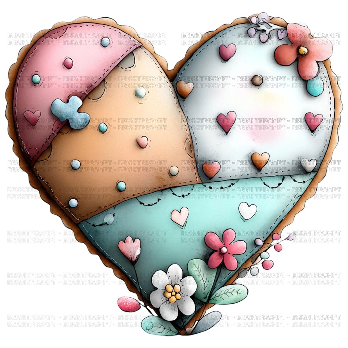 Heart-shaped cookie decorated with pastel patchwork sections, flowers, and polka dots