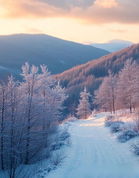 Snowy winter landscape with frosted trees, a snow path and mountains at sunset