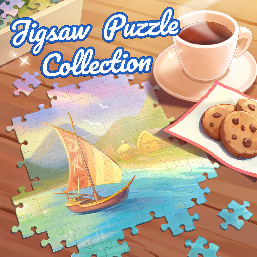 Colorful jigsaw puzzle pieces on a table beside a teacup and plate of cookies