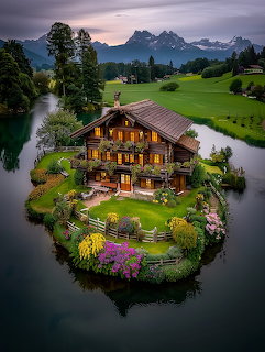 Wooden alpine chalet on a small lake island with colorful gardens and mountains in the background at dusk