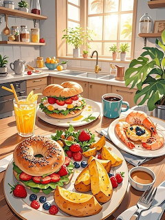 Anime illustration of bagels, burgers, fruit and drinks on a bright kitchen table