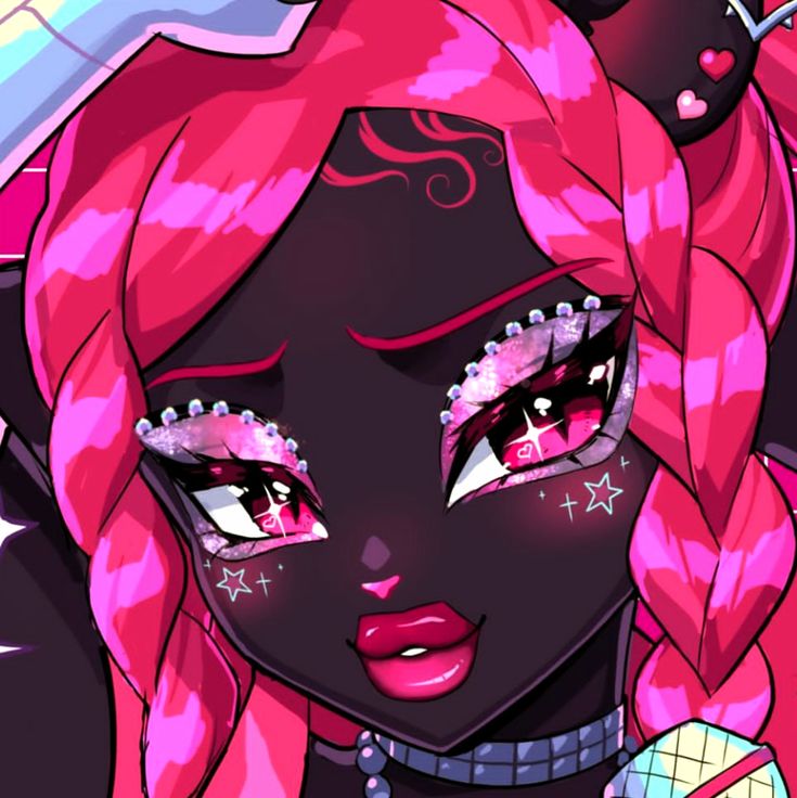Illustration of Catty Noir from Monster High with pink braided hair, cat ears, and star face markings