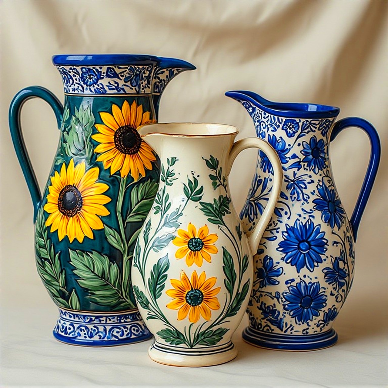 Three decorative ceramic pitchers with hand-painted sunflower and blue floral patterns on cream and beige background