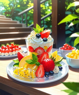 Layered fruit dessert with whipped cream, strawberries, kiwi, blueberries on plate outdoors