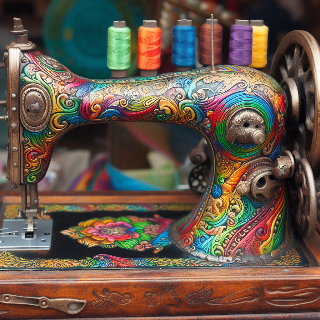 Vintage sewing machine covered in vibrant rainbow swirl patterns with colorful thread spools behind it