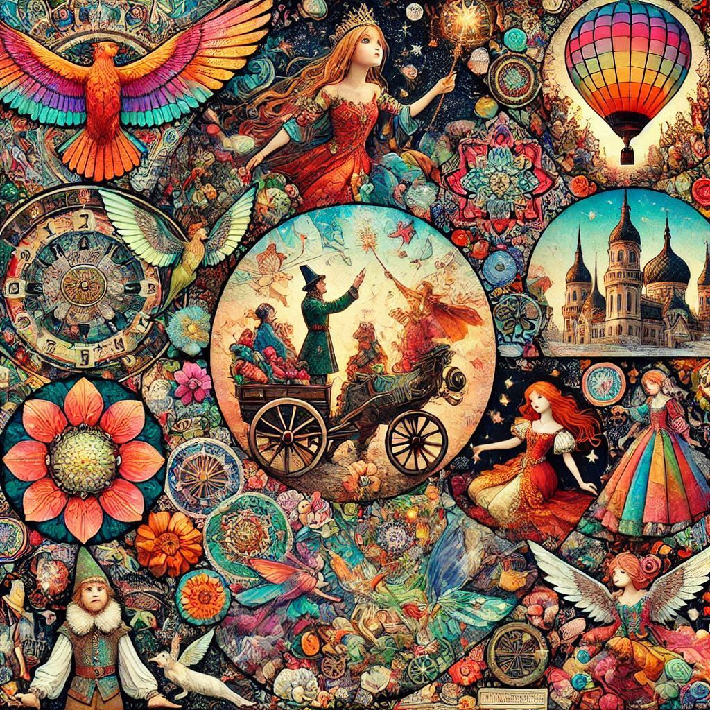 Colorful fantasy collage with fairy tale scenes, mandalas, hot air balloons, and decorative elements