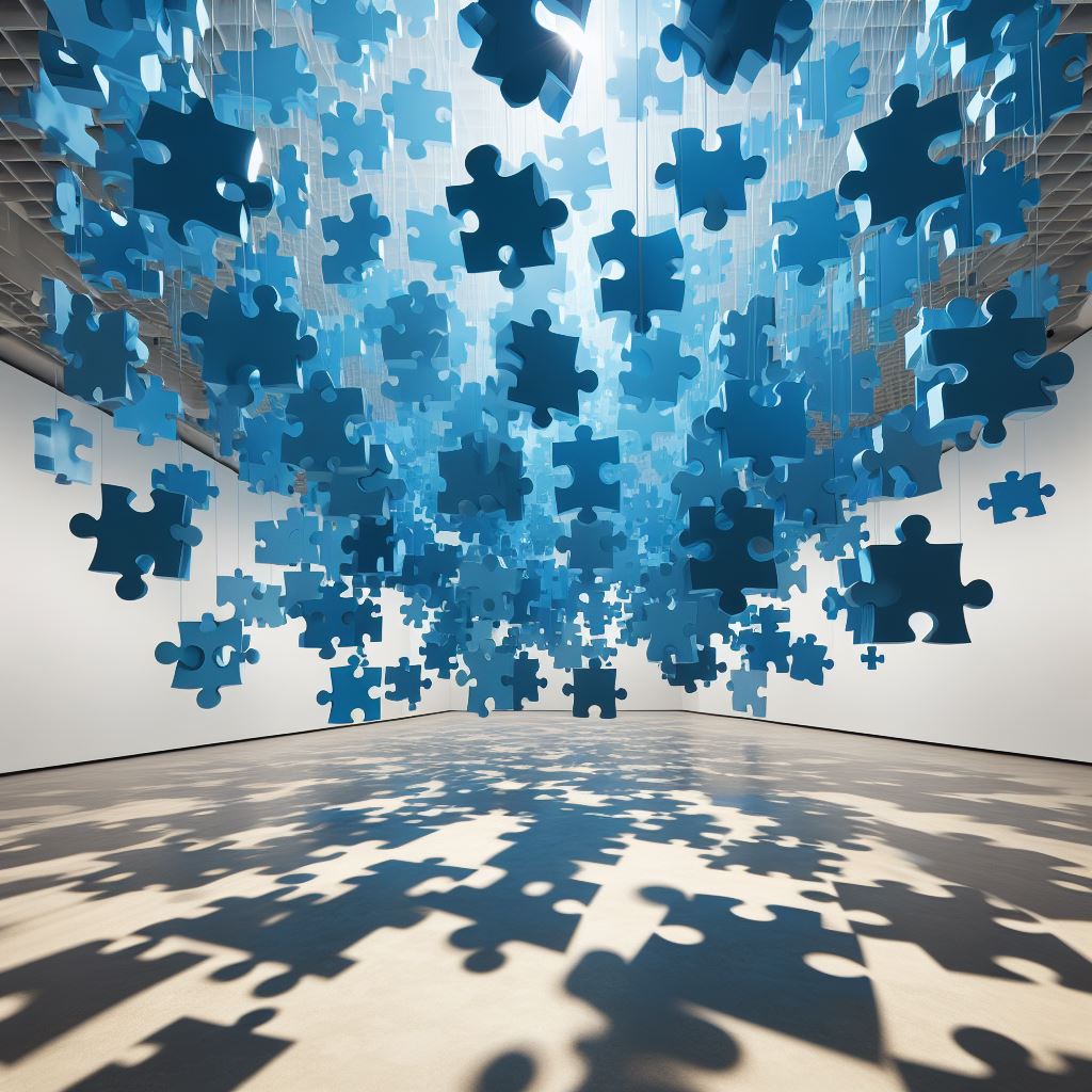 Blue puzzle pieces suspended indoors, casting shadows on a white floor