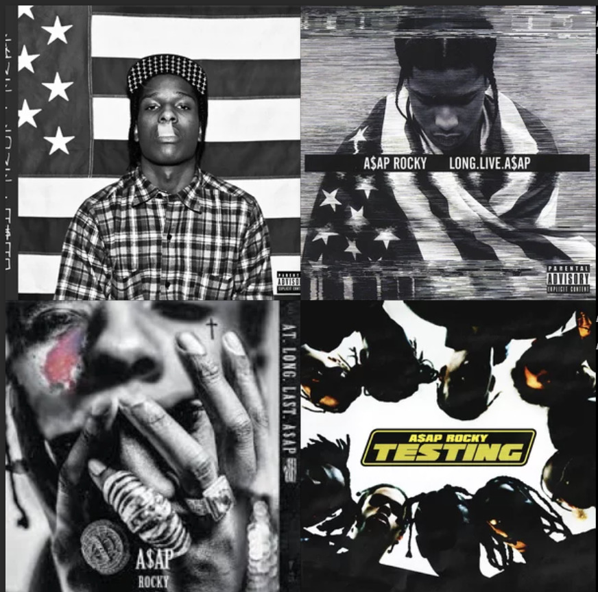 Black-and-white collage of A$AP Rocky album covers with portraits and American flag imagery