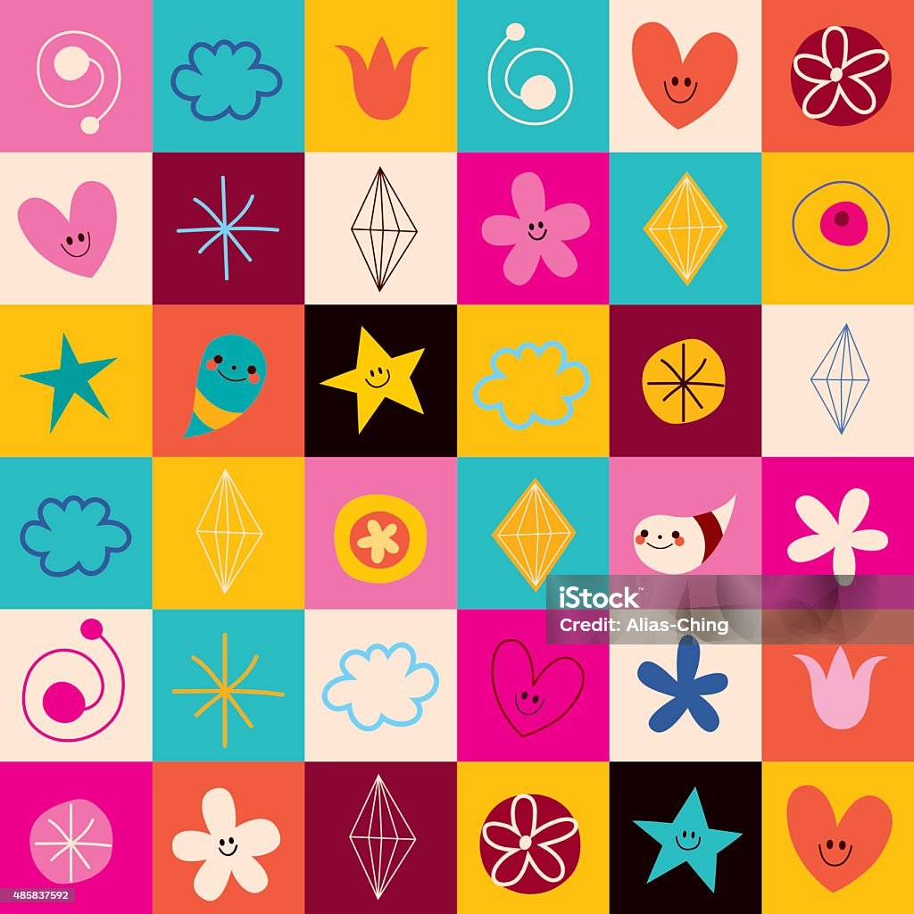 Colorful 6x8 grid of squares with flowers, stars, hearts, and geometric patterns in vibrant hues